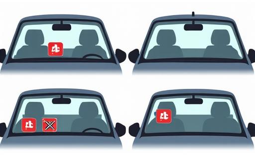Illustration showing common incorrect placements of the Swiss vignette, such as being taped to the windshield or placed in the glove compartment.